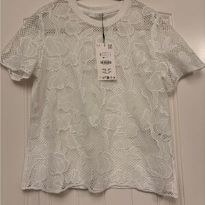 Zara White Floral Lace Short Sleeve Top